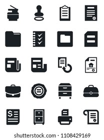 Set of vector isolated black icon - stamp vector, document, reload, printer, receipt, news, folder, clipboard, checklist, archive box, copier, contract, estate, case