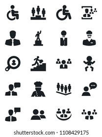 Set of vector isolated black icon - baby vector, disabled, speaking man, pedestal, team, doctor, client, speaker, group, company, hr, career ladder, search, waiter, cook