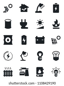 Set of vector isolated black icon - bulb vector, factory, fire, oil barrel, brightness, charge, desk lamp, sun panel, heater, eco house, power plug, water, battery, idea