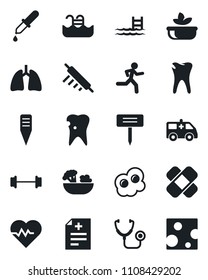 Set of vector isolated black icon - plant label vector, heart pulse, diagnosis, stethoscope, dropper, patch, ambulance car, barbell, run, lungs, caries, pool, salad, rolling pin, omelette, cheese