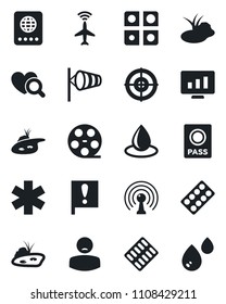 Set of vector isolated black icon - plane radar vector, passport, wind, statistic monitor, water drop, pond, heart diagnostic, pills blister, ambulance star, patient, important flag, reel, antenna