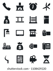 Set of vector isolated black icon - abacus vector, money bag, well, sickle, film frame, tv, video camera, call, alarm, office phone, fireplace, outdoor lamp, fridge, windmill, sand clock