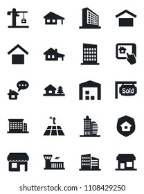 Set of vector isolated black icon - airport building vector, office, warehouse storage, house with garage, tree, sold signboard, city, crane, estate insurance, home control app, warm floor, message