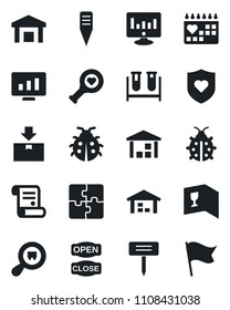 Set of vector isolated black icon - statistic monitor vector, contract, lady bug, plant label, blood test vial, heart diagnostic, shield, medical calendar, warehouse, package, search cargo, flag
