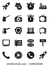 Set of vector isolated black icon - alarm clock vector, phone, abacus, stamp, plant label, vinyl, flame disk, radio, tv, call, office, open close, turkish coffee, rocket