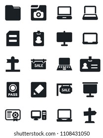 Set of vector isolated black icon - passport vector, identity, notebook pc, document, signpost, laptop, folder, notes, photo gallery, presentation board, sale, pass card, certificate, guidepost