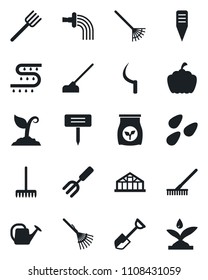 Set of vector isolated black icon - garden fork vector, shovel, farm, rake, watering can, sproute, hoe, sickle, plant label, pumpkin, greenhouse, seeds, fertilizer, drip irrigation