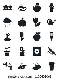 Set of vector isolated black icon - flower in pot vector, seedling, watering can, sproute, rain, plant label, pumpkin, pond, tulip, oil barrel, house with tree, rolling pin, apple fruit