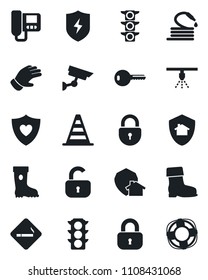 Set of vector isolated black icon - smoking place vector, border cone, lock, glove, boot, hose, heart shield, traffic light, protect, key, intercome, home, surveillance, sprinkler, crisis management