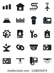 Set of vector isolated black icon - plane radar vector, identity card, drip irrigation, sorting, barcode, chain, root setup, air conditioner, smart home, water heater, intercome, filter, warm floor