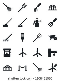 Set of vector isolated black icon - fence vector, garden fork, farm, rake, wheelbarrow, well, hoe, plant label, greenhouse, sprayer, drip irrigation, windmill