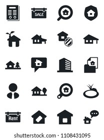 Set of vector isolated black icon - office building vector, pond, contract, house with garage, tree, estate document, sale, rent, search, agent, smart home, insurance, eco, message