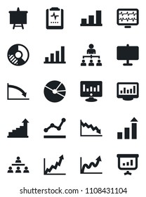 Set of vector isolated black icon - growth statistic vector, hierarchy, presentation board, monitor, circle chart, pulse, clipboard, statistics, bar graph, pie, point, crisis