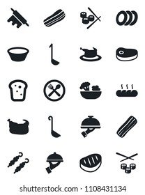 Set of vector isolated black icon - cafe vector, salad, plates, bacon, waiter, bread, chicken, steak, kebab, ladle, bowl, rolling pin, sushi