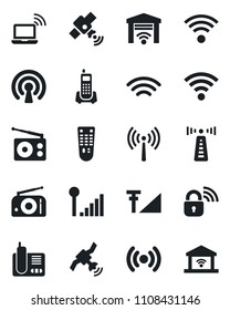Set of vector isolated black icon - antenna vector, wireless notebook, office phone, radio, satellite, remote control, cellular signal, lock, garage gate