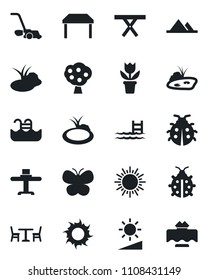 Set of vector isolated black icon - cafe vector, sun, flower in pot, lawn mower, butterfly, lady bug, pond, picnic table, brightness, pool, fruit tree, mountains, restaurant