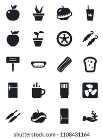 Set of vector isolated black icon - hot cup vector, seedling, plant label, diet, fridge, drink, phyto bar, bacon, bread, kebab, dog, apple fruit, fan, palm sproute