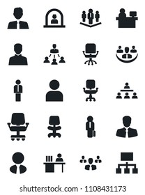 Set of vector isolated black icon - reception vector, manager, office chair, place, client, user, company, desk, hierarchy, estate agent, group