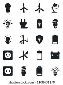 Set of vector isolated black icon - bulb vector, battery, low, protect, charge, desk lamp, windmill, socket, power plug, energy saving, idea