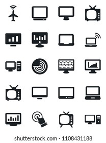 Set of vector isolated black icon - plane radar vector, wireless notebook, pc, statistic monitor, pulse, tv, touch screen, laptop, statistics