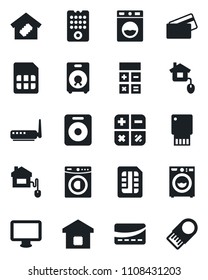Set of vector isolated black icon - calculator vector, monitor, speaker, sim, washer, smart home, credit card, control, remote, router, usb flash