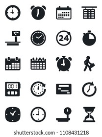Set of vector isolated black icon - 24 around vector, alarm clock, flight table, calendar, heavy scales, stopwatch, manager, schedule, sand