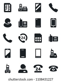 Set of vector isolated black icon - mobile phone vector, office, 24 hours, support, cell, radio, back, call, sim