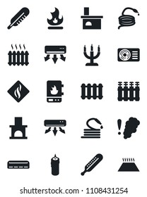 Set of vector isolated black icon - fire vector, hose, fireplace, thermometer, heater, air conditioner, candle, water, smoke detector, radiator, warm floor