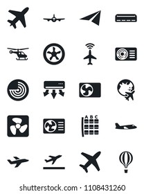 Set of vector isolated black icon - plane vector, radar, departure, helicopter, seat map, globe, air conditioner, fan, paper, balloon