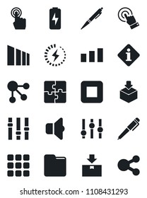 Set of vector isolated black icon - package vector, sorting, settings, touch screen, stop button, menu, folder, charge, application, pen, sound, information, social media