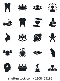 Set of vector isolated black icon - baby vector, pedestal, brainstorm, meeting, heart hand, stomach, tooth, eye, joint, virus, client, group, company, palm sproute, shining head, hierarchy