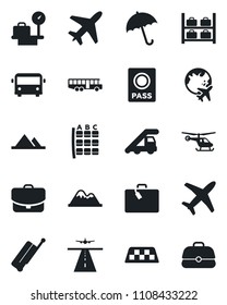 Set of vector isolated black icon - plane vector, runway, taxi, suitcase, airport bus, umbrella, passport, ladder car, helicopter, seat map, luggage storage, scales, globe, mountains, case