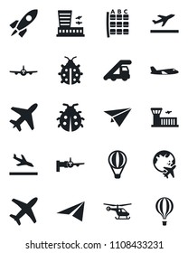 Set of vector isolated black icon - plane vector, departure, arrival, ladder car, boarding, helicopter, seat map, globe, airport building, lady bug, rocket, paper, air balloon
