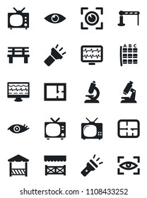Set of vector isolated black icon - barrier vector, tv, seat map, bench, monitor pulse, microscope, eye, torch, plan, alcove, scan