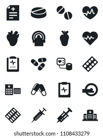 Set of vector isolated black icon - heart pulse vector, diagnosis, syringe, blood pressure, pills, blister, tomography, real, clipboard, hospital