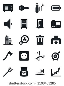 Set of vector isolated black icon - trash bin vector, safe, farm fork, axe, garden sprayer, fertilizer, battery, archive box, pool, windmill, office building, key, fireplace, socket, intercome, door