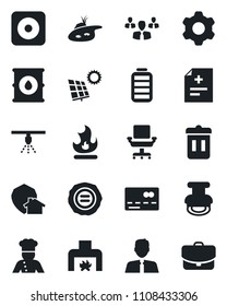 Set of vector isolated black icon - credit card vector, stamp, fire, diagnosis, oil barrel, battery, rec button, settings, office chair, pond, sun panel, estate agent, fireplace, cook, home protect