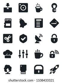 Set of vector isolated black icon - smoking place vector, lock, document, bulb, tree, package, shield, satellite antenna, settings, mobile camera, bell, sd, cut, coffee, cook hat, wireless, rocket