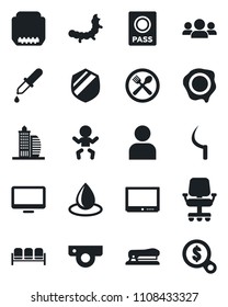 Set of vector isolated black icon - waiting area vector, baby, passport, stamp, water drop, sickle, caterpillar, dropper, shield, tv, monitor, hdmi, user, stapler, office building, cafe, web camera