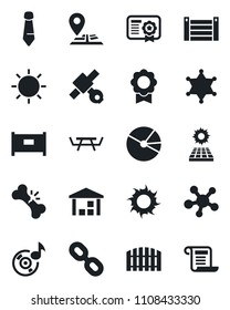 Set of vector isolated black icon - fence vector, tie, sun, picnic table, broken bone, navigation, satellite, container, warehouse, share, chain, music, sertificate, pie graph, panel, police