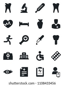 Set of vector isolated black icon - bed vector, heart pulse, doctor case, diagnosis, dropper, thermometer, diagnostic, microscope, pills blister, run, disabled, real, tooth, caries, implant, eye