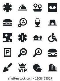 Set of vector isolated black icon - parking vector, vip, reception bell, disabled, trowel, ambulance star, search cargo, record, house with tree, flower in pot, egg stand, cafe building, hamburger