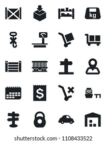 Set of vector isolated black icon - signpost vector, navigation, railroad, car delivery, term, receipt, sea port, container, cargo, no trolley, hook, package, heavy, scales, rack, warehouse