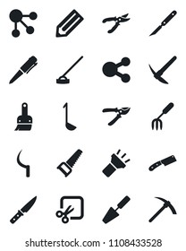 Set of vector isolated black icon - pen vector, pencil, trowel, garden fork, pruner, saw, hoe, sickle, scalpel, themes, torch, cut, ladle, knife, social media, hard work