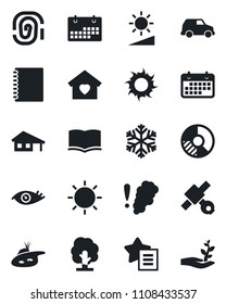 Set of vector isolated black icon - book vector, circle chart, tree, sun, eye, satellite, term, favorites list, brightness, calendar, copybook, house with garage, pond, sweet home, snowflake, car