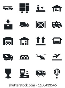 Set of vector isolated black icon - taxi vector, departure, airport bus, escalator, helicopter, building, ambulance car, delivery, container, consolidated cargo, fragile, up side sign, warehouse