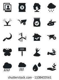Set of vector isolated black icon - storm cloud vector, tree, wheelbarrow, sproute, butterfly, rain, sickle, plant label, fertilizer, photo gallery, pond, windmill, eco house, irrigation, water