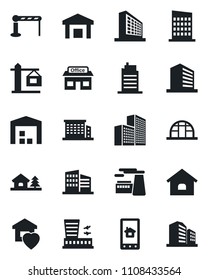 Set of vector isolated black icon - barrier vector, airport building, office, factory, greenhouse, store, warehouse, house, with tree, sweet home, city, crane, control app