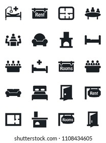 Set of vector isolated black icon - meeting vector, fireplace, hospital bed, plan, rent, rooms, bedroom, cushioned furniture, door