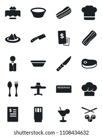 Set of vector isolated black icon - spoon and fork vector, waiter, restaurant table, serviette, cook hat, reserved, drink, cocktail, bacon, receipt, steak, bowl, knife, sushi